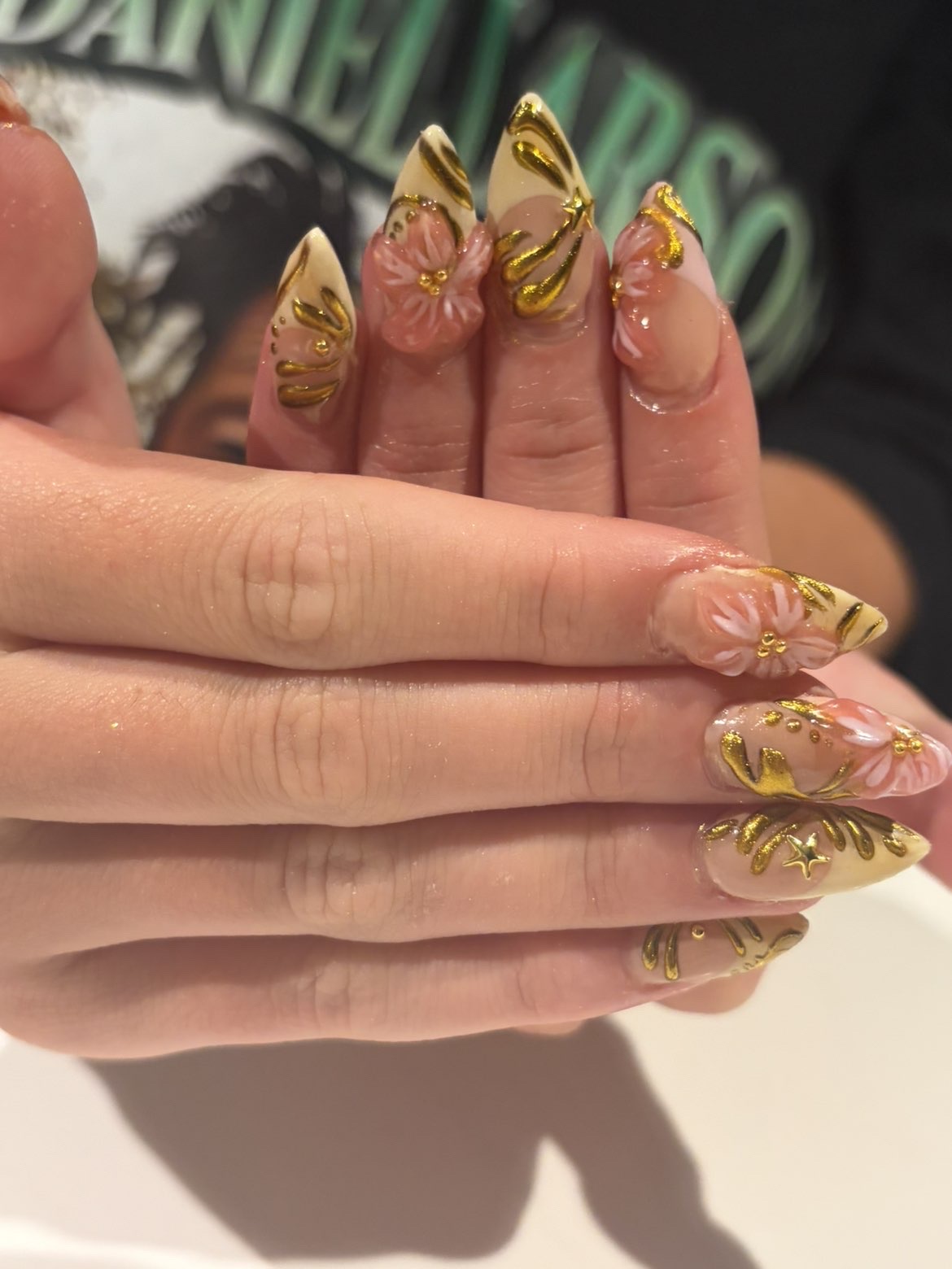 Champagne gold 3D floral nail art