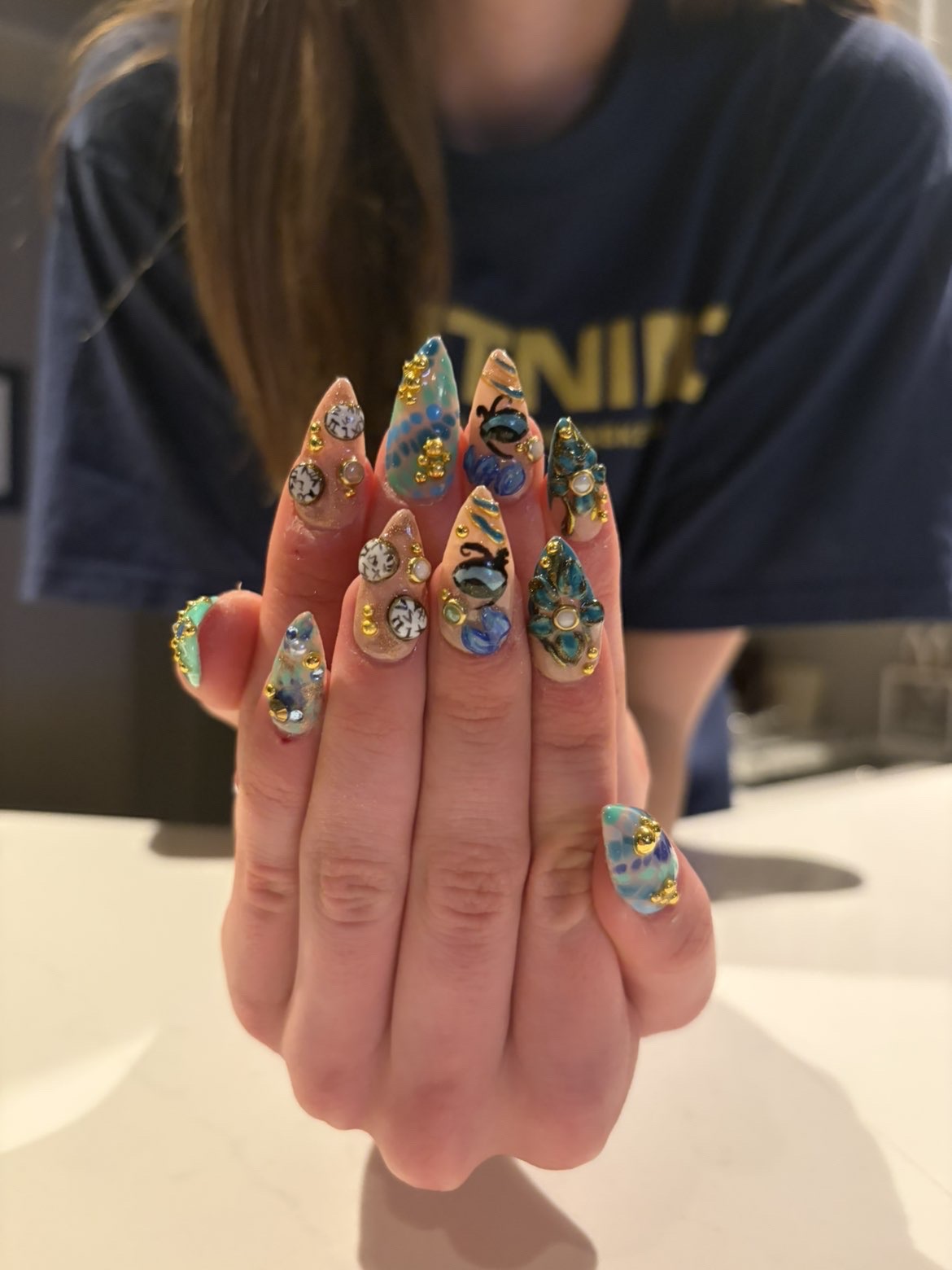 Mermaid turquoise gem stiletto nails